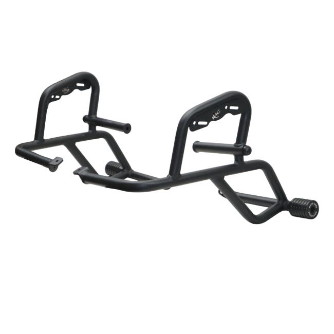 Motocare crash guard with dual sliders installed on Kawasaki Versys 300 for engine and frame protection