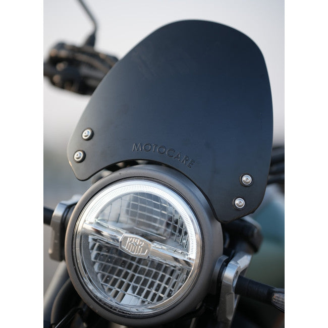 Motocare small visor with clamp installed on Yamaha XSR 155 available in clear smoke and black windshield options