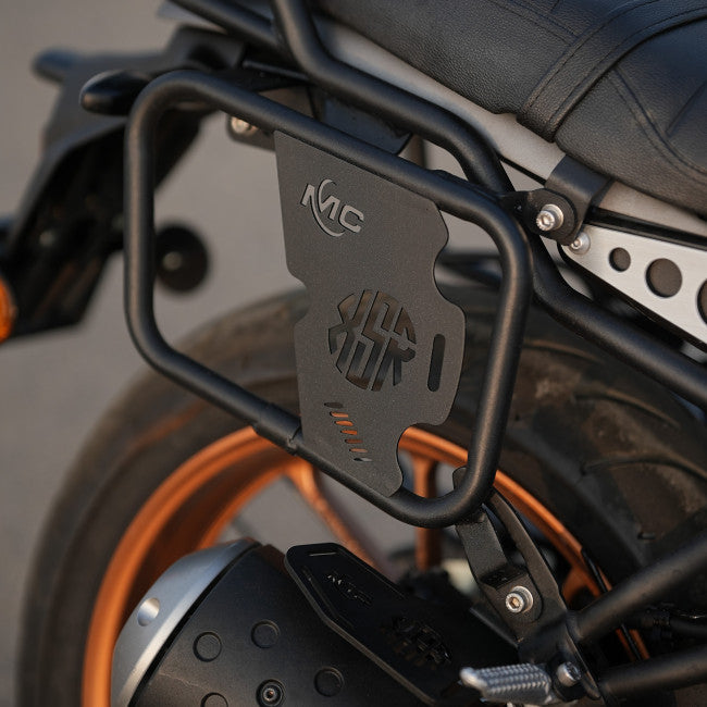 Motocare saddle stay with plate installed on Yamaha XSR 155 for saddle bag and touring luggage support