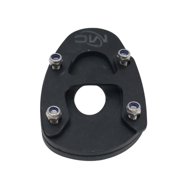 Motocare side stand extender installed on Yamaha XSR 155 kickstand for improved parking stability