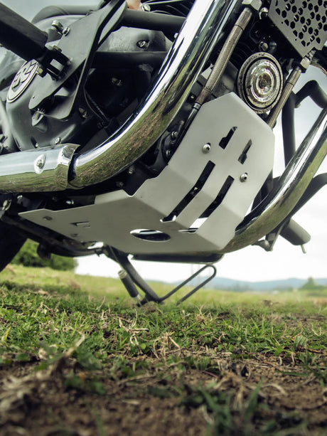Legundary Custom Combat Bash Plate for Royal Enfield Super Meteor 650 silver aluminium engine protection