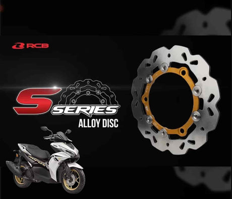 RCB S-Series 01D0486 230mm alloy floating front brake disc for Yamaha Aerox 155 in Red and Gold colour options.