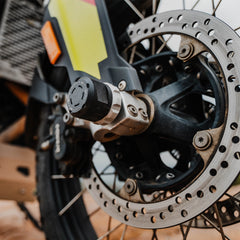 Legundary Custom BMW F900GS rotex front wheel slider pair aluminium black silver axle protector