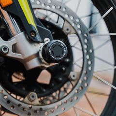 Legundary Custom BMW F900GS rotex front wheel slider pair aluminium black silver axle protector