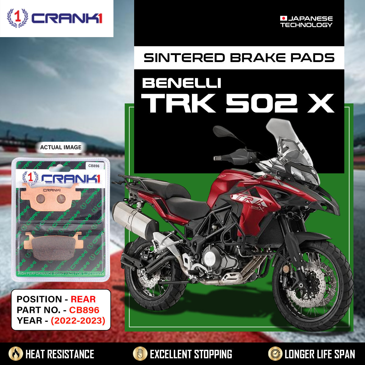 CRANK1 CB896 Sintered Rear Brake Pads for Benelli TRK 502 X 2022-2023 LEGUNDARY Custom