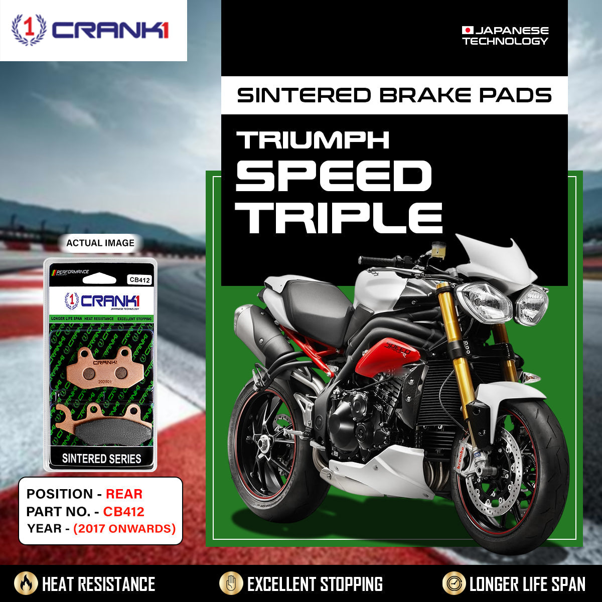 CRANK1 CB412 Sintered Rear Brake Pads For Triumph Speed Triple 2017 Onwards Motorcycle