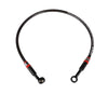 RCB S-Series Teflon braided motorcycle brake hose with stainless steel reinforcement, available in 850mm and 950mm lengths in Silver and Titanium finishes.