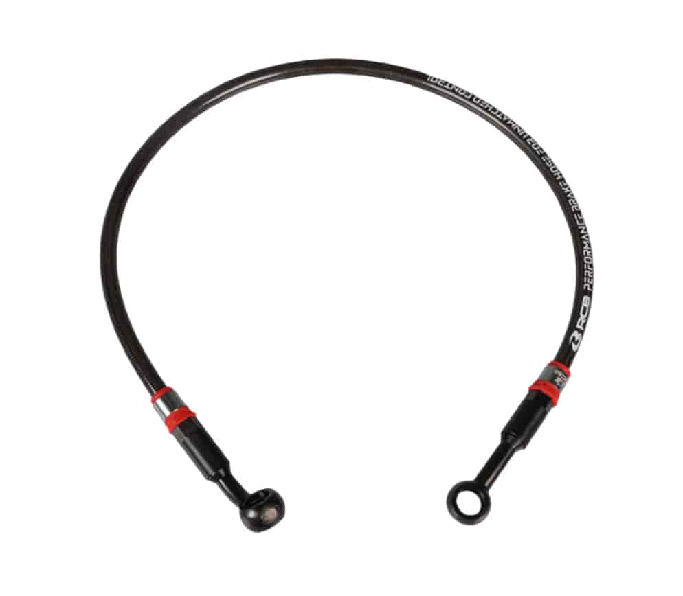 RCB S-Series Teflon braided motorcycle brake hose with stainless steel reinforcement, available in 850mm and 950mm lengths in Silver and Titanium finishes.