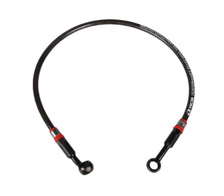 RCB S-Series Teflon braided motorcycle brake hose with stainless steel reinforcement, available in 850mm and 950mm lengths in Silver and Titanium finishes.