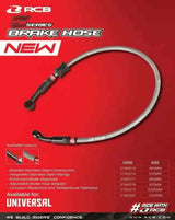 RCB S-Series Teflon braided motorcycle brake hose with stainless steel reinforcement, available in 850mm and 950mm lengths in Silver and Titanium finishes.