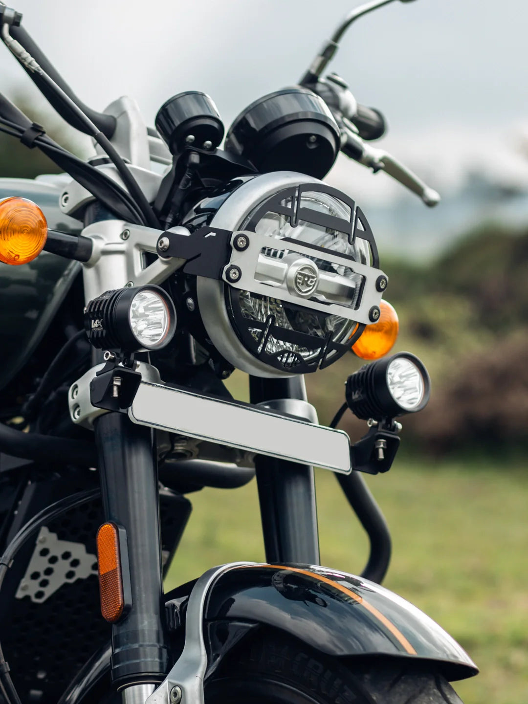 Legundary Custom Cosmic Headlight Grill for Royal Enfield Super Meteor 650 black mild steel aluminium front protection