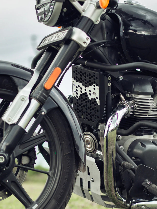 Legundary Custom Vector Radiator Grill for Royal Enfield Super Meteor 650 black mild steel aluminium front protection