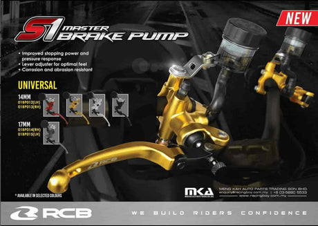 RCB S1 14mm right-hand aluminium master brake pump in Blue and Golden, part number 01BP013.