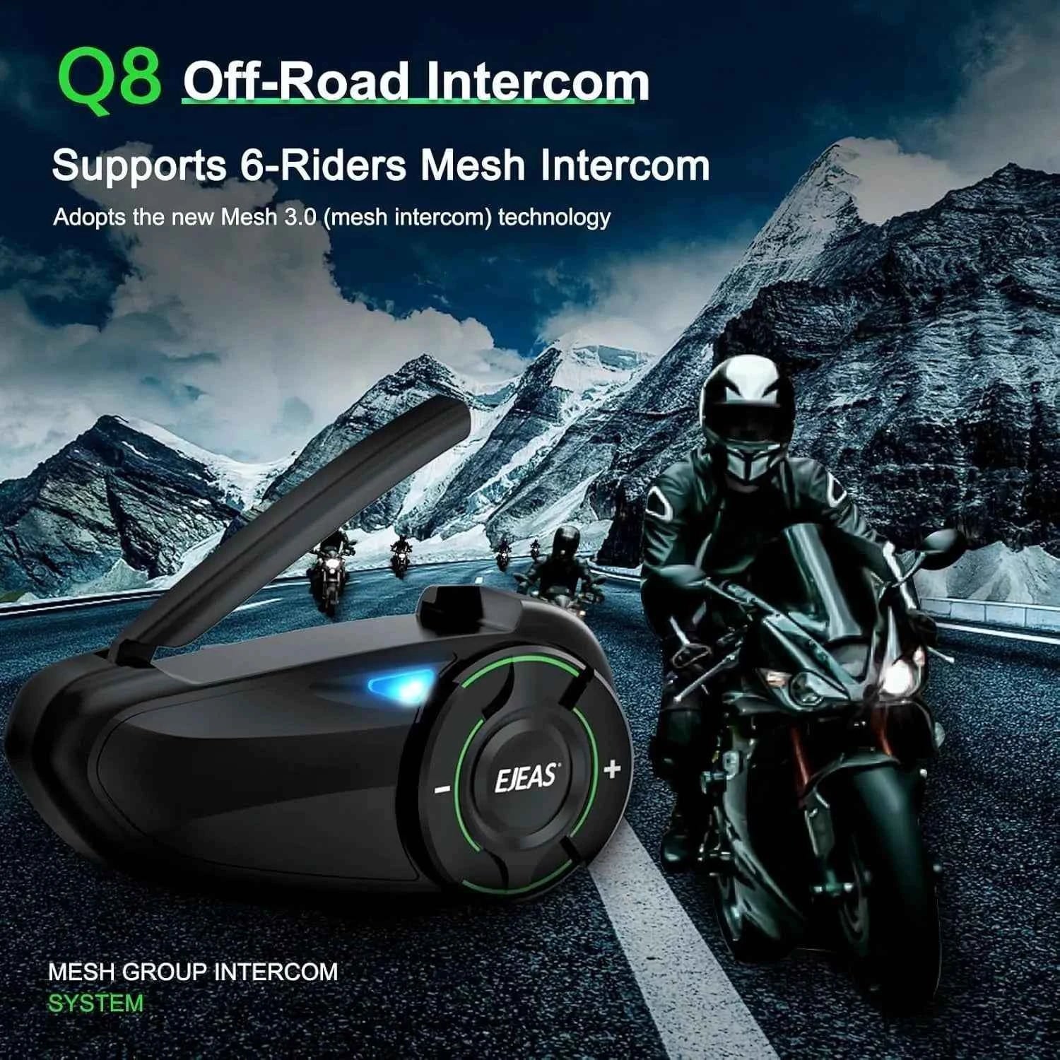 EJEAS Q8 5G Mesh Bluetooth helmet intercom with Mesh 3.0 for 6 riders DSP noise cancellation IP67 waterproof motorcycle communication system