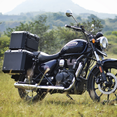 Auto Engina 42L Aluminium Top Box for Royal Enfield Meteor 350 Black with Inner Bag and Backrest