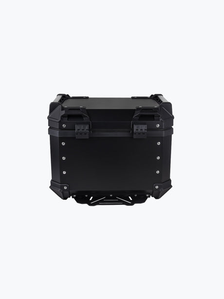 Legundary Custom Fort Knox 45L aluminium motorcycle top case with backrest pad black and silver touring storage box