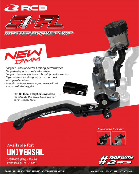 RCB S1-FL 17mm right-hand master brake pump in Black and Titanium, part number 01BP052.