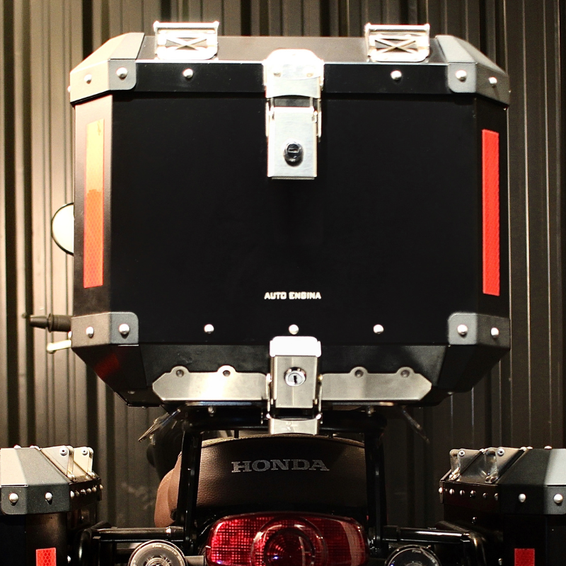 Auto Engina 42L Aluminium Top Box for Honda H'ness CB 350 with Quick Release Base Plate, Inner Bag and Backrest in Black