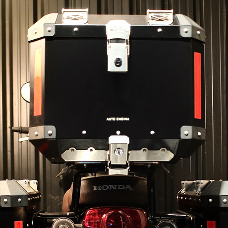 Auto Engina 42L Aluminium Top Box for Honda H'ness CB 350 with Quick Release Base Plate, Inner Bag and Backrest in Black