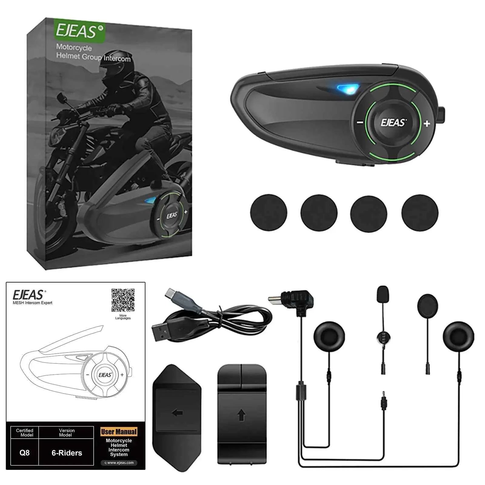 EJEAS Q8 5G Mesh Bluetooth helmet intercom with Mesh 3.0 for 6 riders DSP noise cancellation IP67 waterproof motorcycle communication system
