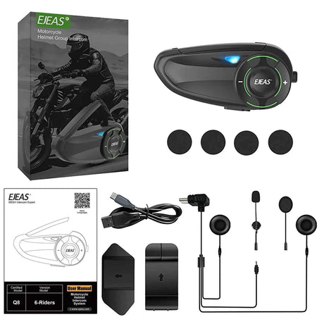 EJEAS Q8 5G Mesh Bluetooth helmet intercom with Mesh 3.0 for 6 riders DSP noise cancellation IP67 waterproof motorcycle communication system