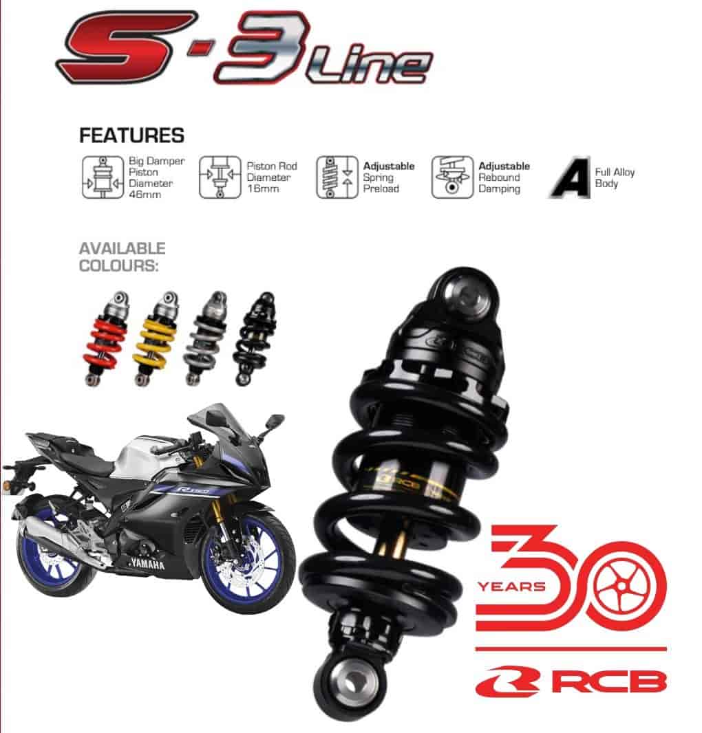 RCB S3 Line 265mm rear monoshock absorber for Yamaha R15 in Silver, Yellow, Black/Grey and Red