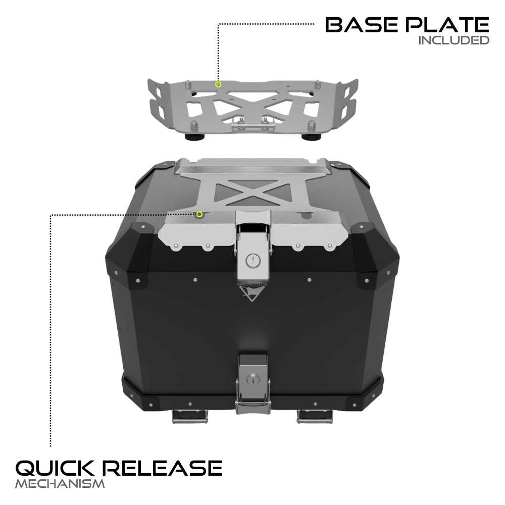 Auto Engina 42L Aluminium Top Box for Honda H'ness CB 350 with Quick Release Base Plate, Inner Bag and Backrest in Black