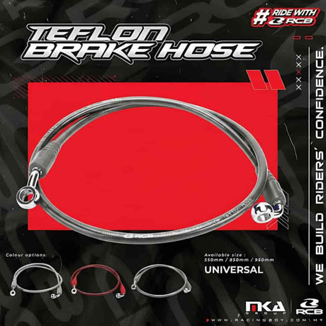 RCB Teflon Universal Series 1300mm stainless steel braided motorcycle brake hose 01BH005 in Blue, Red and Titanium colour options.