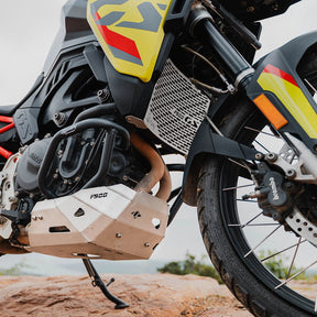 Legundary Custom BMW F900GS vambrace bash plate aluminium silver engine sump guard skid plate
