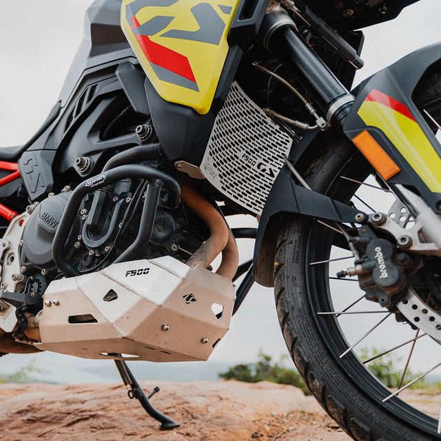 Legundary Custom BMW F900GS vambrace bash plate aluminium silver engine sump guard skid plate