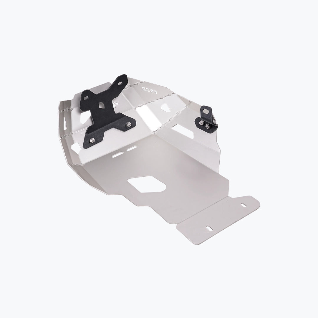 Legundary Custom BMW F900GS vambrace bash plate aluminium silver engine sump guard skid plate