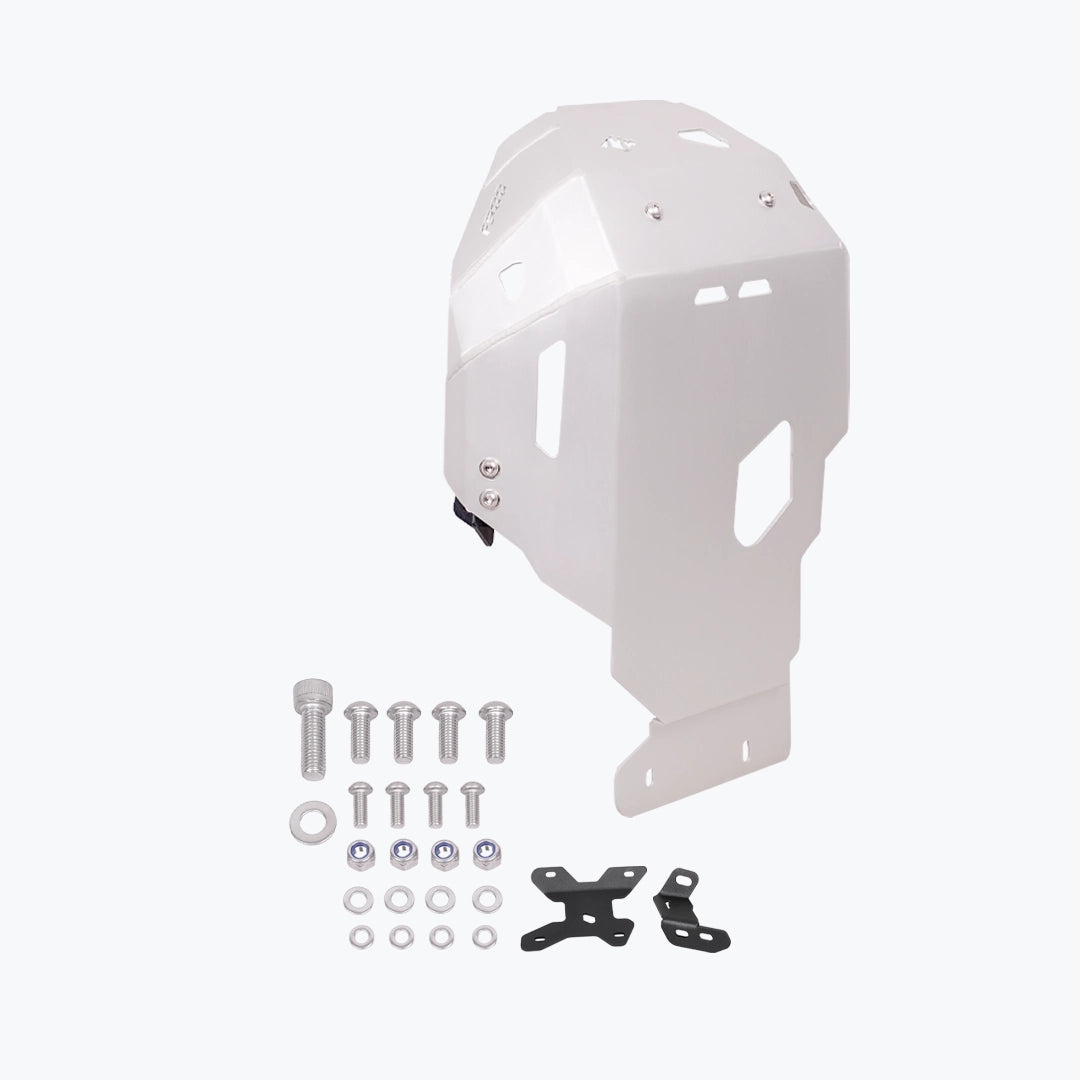 Legundary Custom BMW F900GS vambrace bash plate aluminium silver engine sump guard skid plate