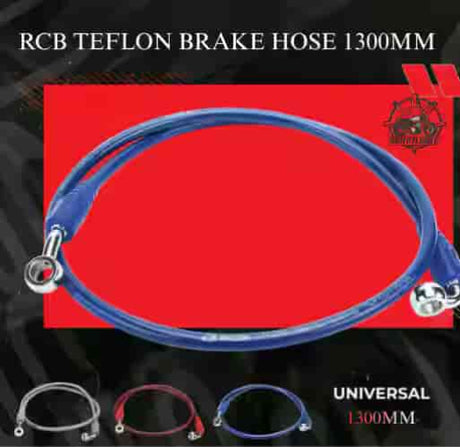 RCB Teflon Universal Series 1300mm stainless steel braided motorcycle brake hose 01BH005 in Blue, Red and Titanium colour options.