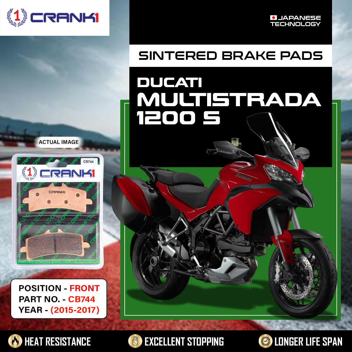 CRANK1 CB744 Sintered Front Brake Pads for Ducati Multistrada 1200 S 2015-2017 and compatible motorcycles