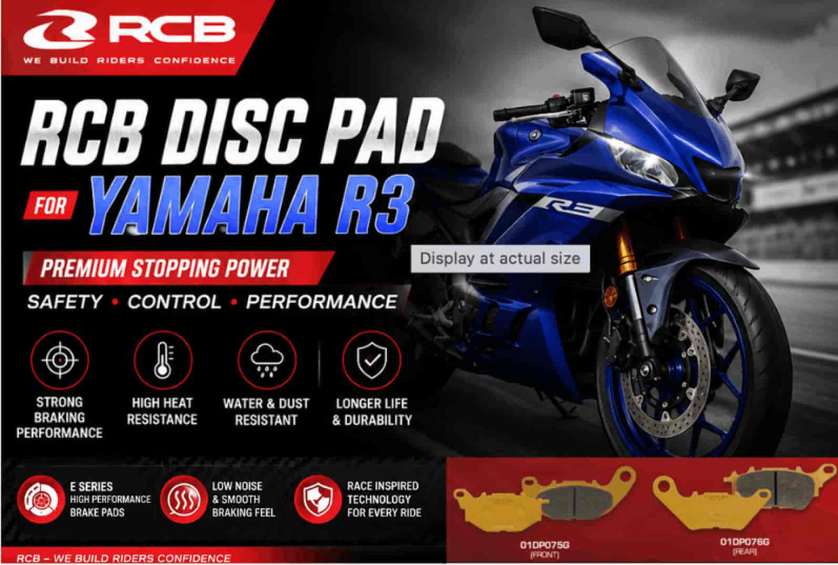 RCB S2-D2 Gold Series semi-metallic motorcycle brake pads for Yamaha R3 and MT-03, front 01DP075G and rear 01DP076G.