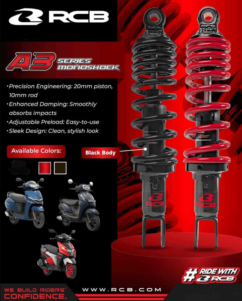 RCB A3 Series 330mm black rear monoshock for NTorq 125 and Burgman 01M0350B