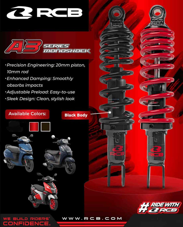 RCB A3 Series 330mm black rear monoshock for NTorq 125 and Burgman 01M0350B
