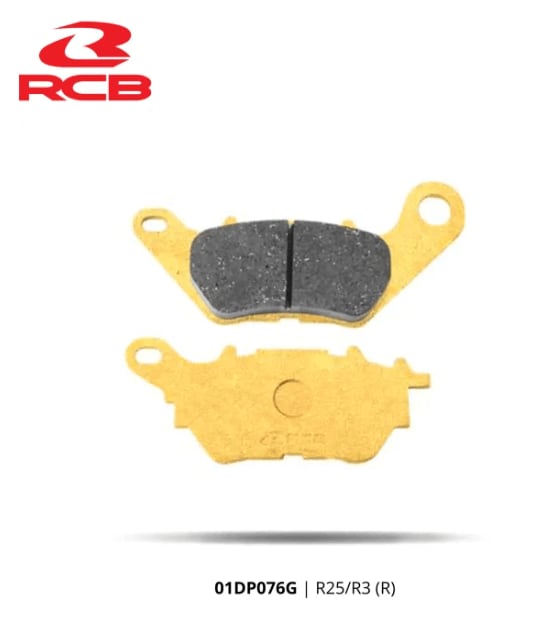RCB S2-D2 Gold Series semi-metallic motorcycle brake pads for Yamaha R3 and MT-03, front 01DP075G and rear 01DP076G.