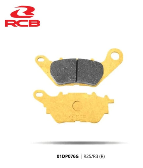 RCB S2-D2 Gold Series semi-metallic motorcycle brake pads for Yamaha R3 and MT-03, front 01DP075G and rear 01DP076G.