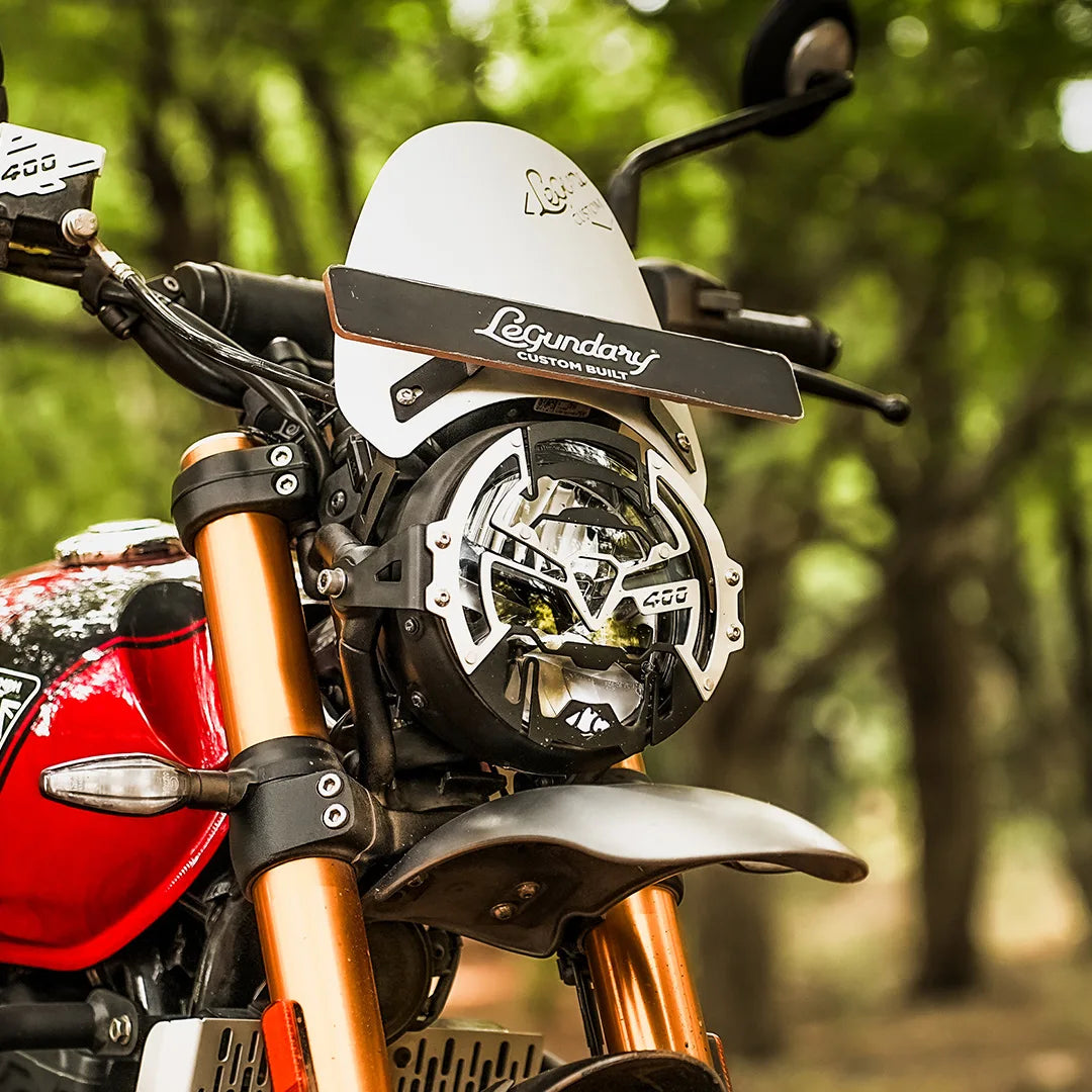 Legundary Custom Cosmic headlight grill for Triumph Scrambler 400 X black silver mild steel aluminium protector