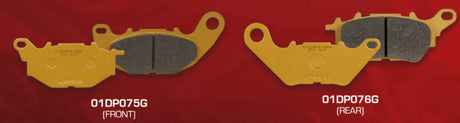 RCB S2-D2 Gold Series semi-metallic motorcycle brake pads for Yamaha R3 and MT-03, front 01DP075G and rear 01DP076G.