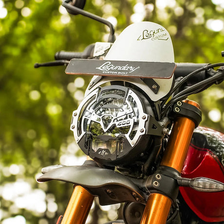 Legundary Custom Cosmic headlight grill for Triumph Scrambler 400 X black silver mild steel aluminium protector