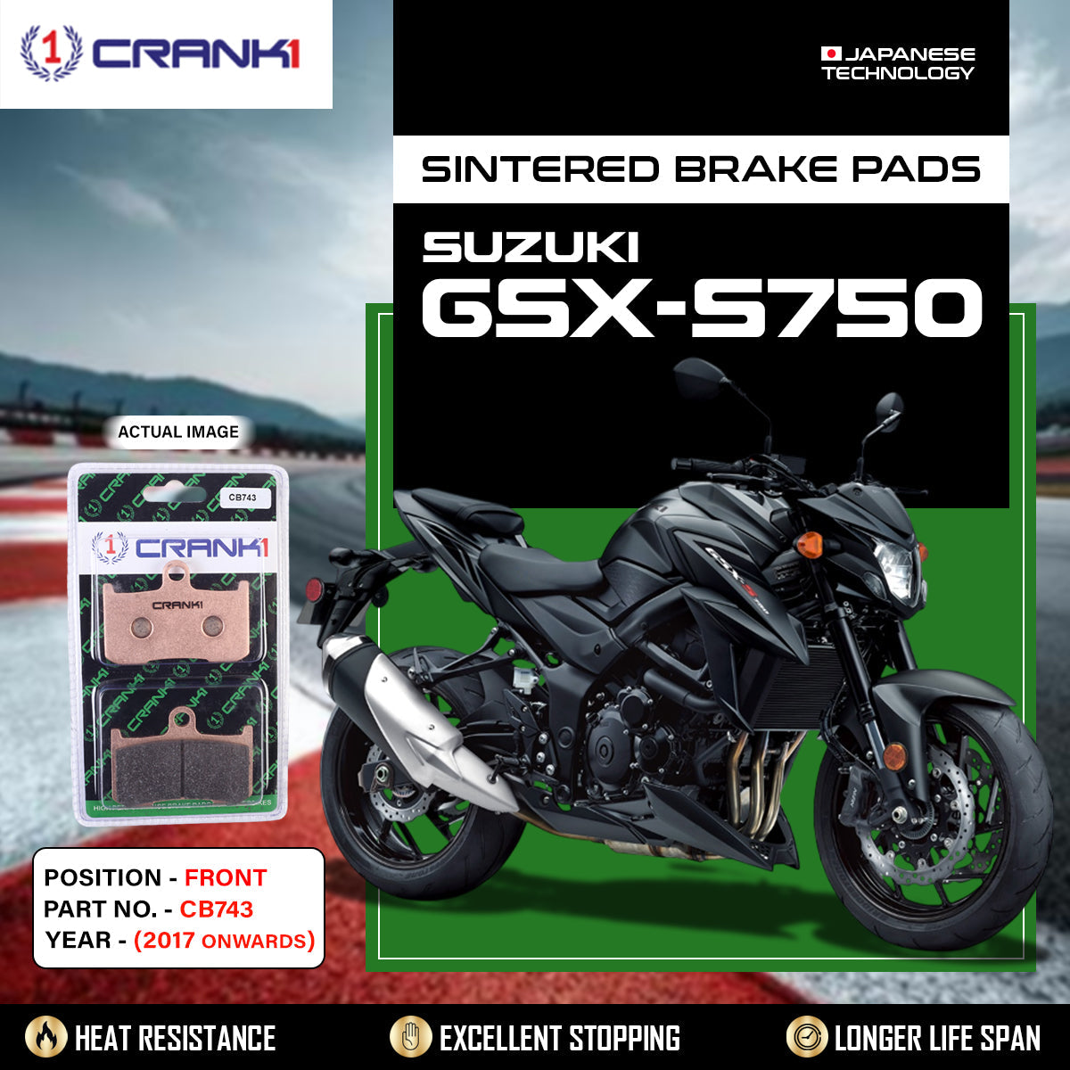 CRANK1 CB743 Sintered Front Brake Pads for Suzuki GSX-S750 2017 Onwards and compatible motorcycles