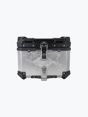 Legundary Custom Fort Knox 45L aluminium top case with backrest pad black and silver motorcycle luggage box