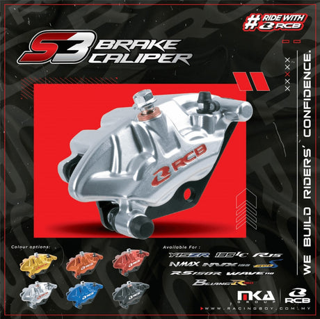 RCB S3 Series 01BC032 front motorcycle brake caliper in Blue and Golden colour options.