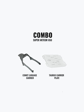 Legundary Custom Comet Luggage Carrier and Taurus Carrier Plate combo for Royal Enfield Super Meteor 650 luggage touring setup