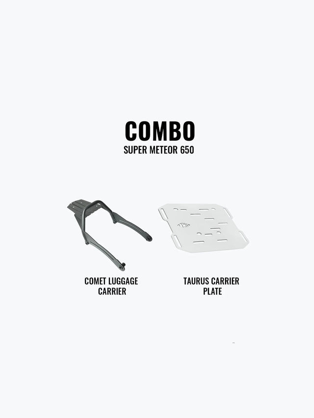 Legundary Custom Comet Luggage Carrier and Taurus Carrier Plate combo for Royal Enfield Super Meteor 650 luggage touring setup