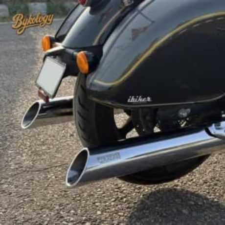 Rhino Racing Touring Exhaust for Royal Enfield Super Meteor 650 with polished chrome finish and slash-cut outlets