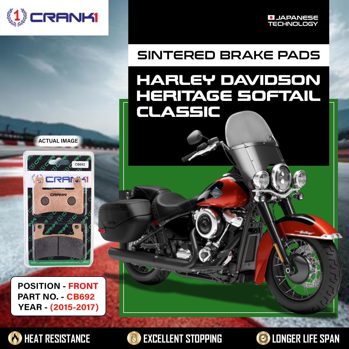 CRANK1 CB692 Sintered Front Brake Pads for Harley Davidson Heritage Softail Classic 2015-2017