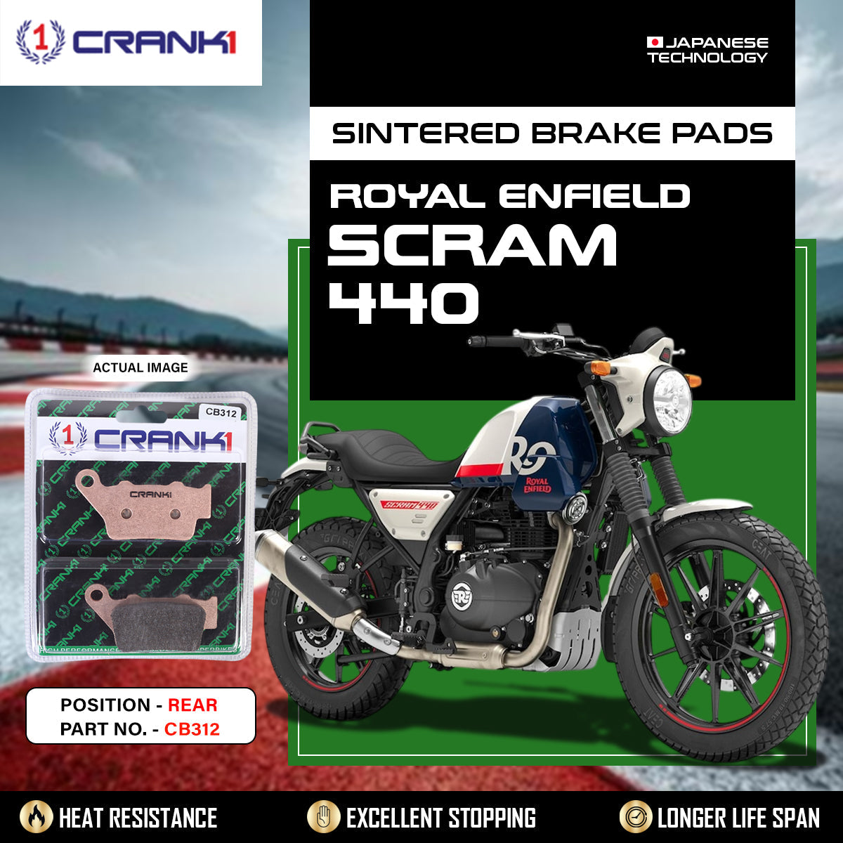 CRANK1 CB312 Rear Sintered Brake Pads for Royal Enfield Scram 440 OEM Replacement High Performance Motorcycle Brake Pads